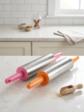 Stainless Steel Rolling Pin Set - Pink & Orange Non-Stick Metal Bakers Bundle